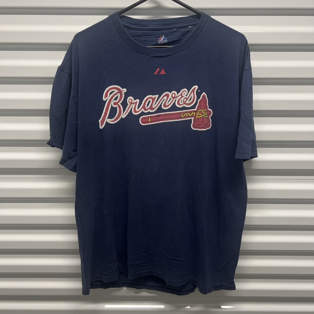 Majestic Womens Atlanta Braves Prado T Shirt L Cotton Navy‎ Distressed Gorpcore